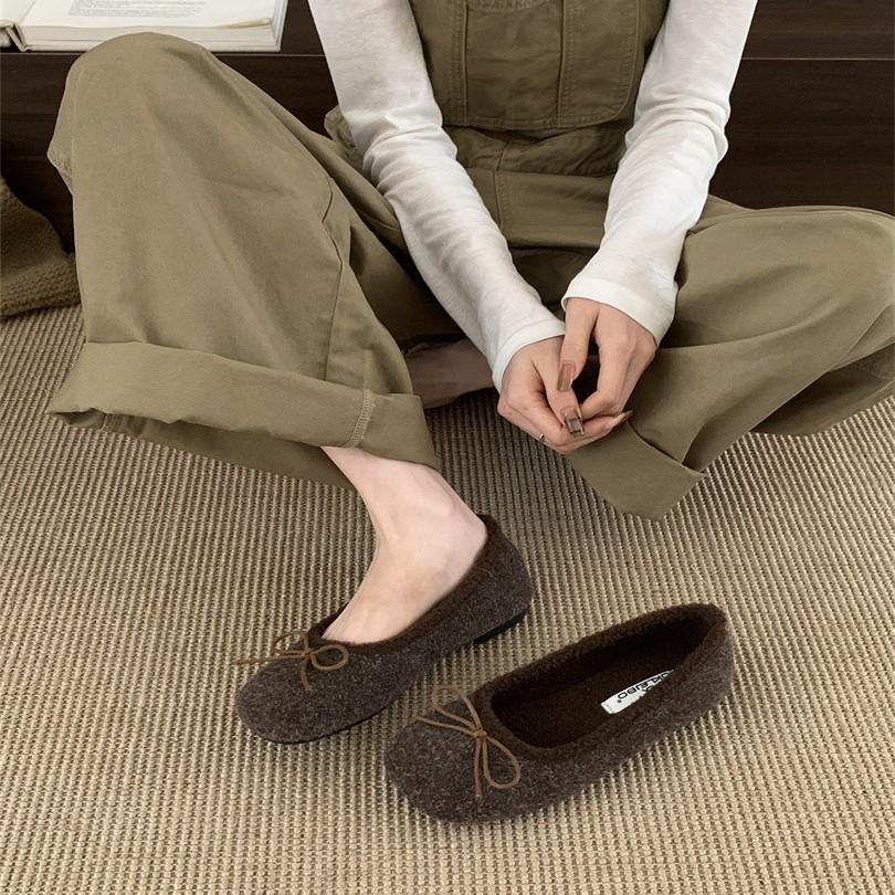 Sweet Bow Fluffy Shoes for Women's Outer Wear 2025 Autumn and Winter New Flat Bottom, Light, Comfortable and Warm Mary Jane Cotton Shoes