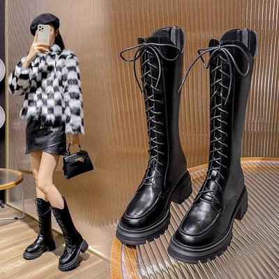 Lange Stiefel für Damen, aber über dem Knie, neue Herbst- und Winter-Ritterstiefel, kleine innere Höhenerhöhung, dicke Sohle und dünne Schnürung hoher Schaft