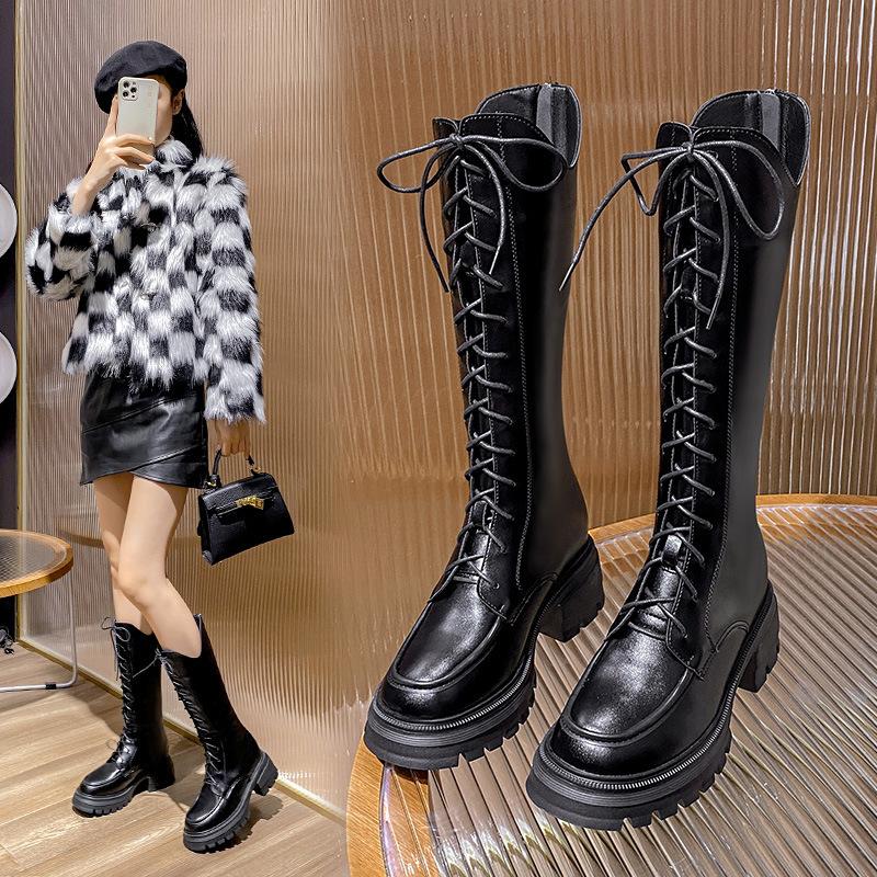 Long boots for women, but over the knee, new autumn and winter knight boots, small inner height increase, thick sole and thin lace-up high tube
