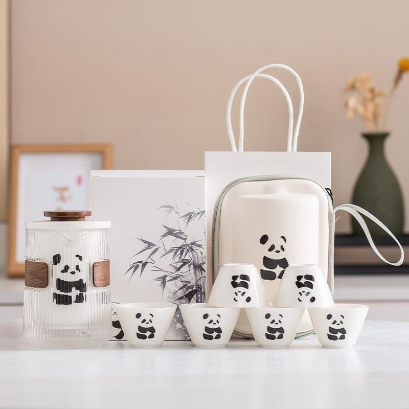 Panda Merchandise Travel Tea Set a Pot of Three Four Six Cups Suet Jade Porcelain High-end Corporate Business Gift Set