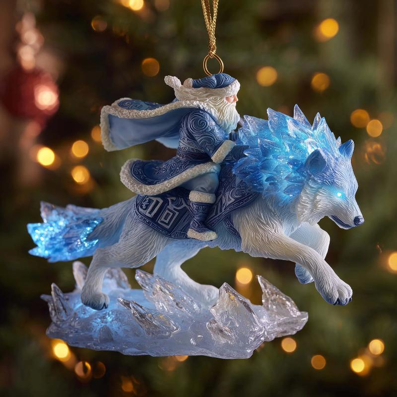 Ice Wolf Santa Christmas Ornament - Fantasy Themed Holiday Tree Decor