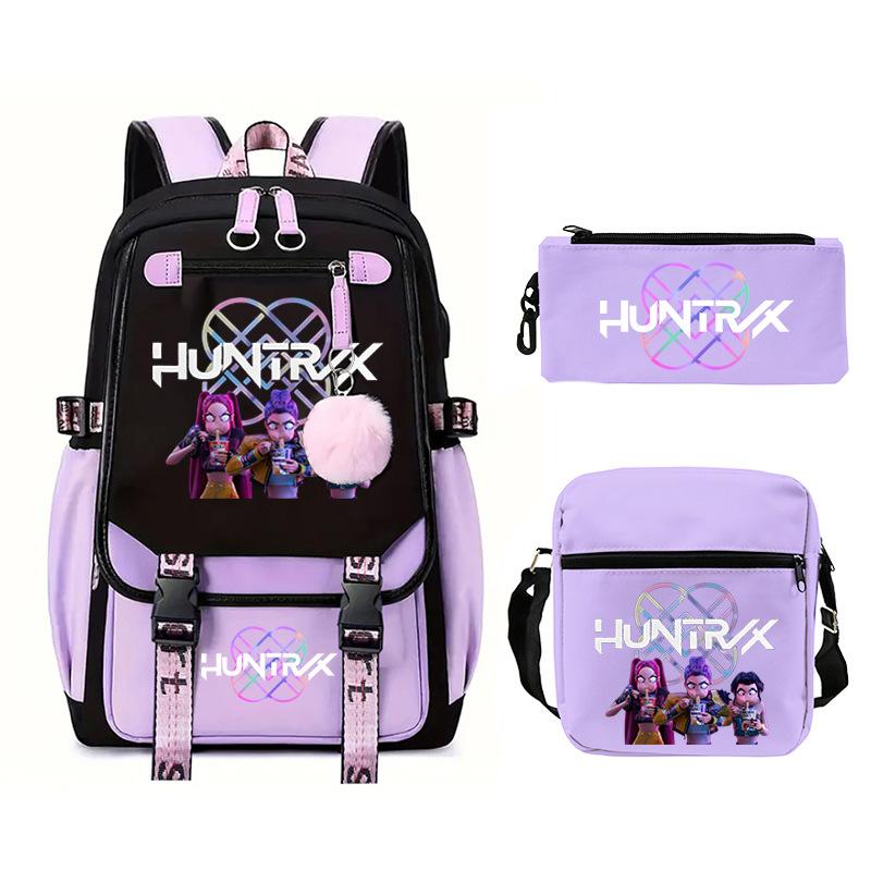 Kpop Trend Backpack Large Capacity Student School Bag Three-Piece Pencil Case Casual Shoulder Bag