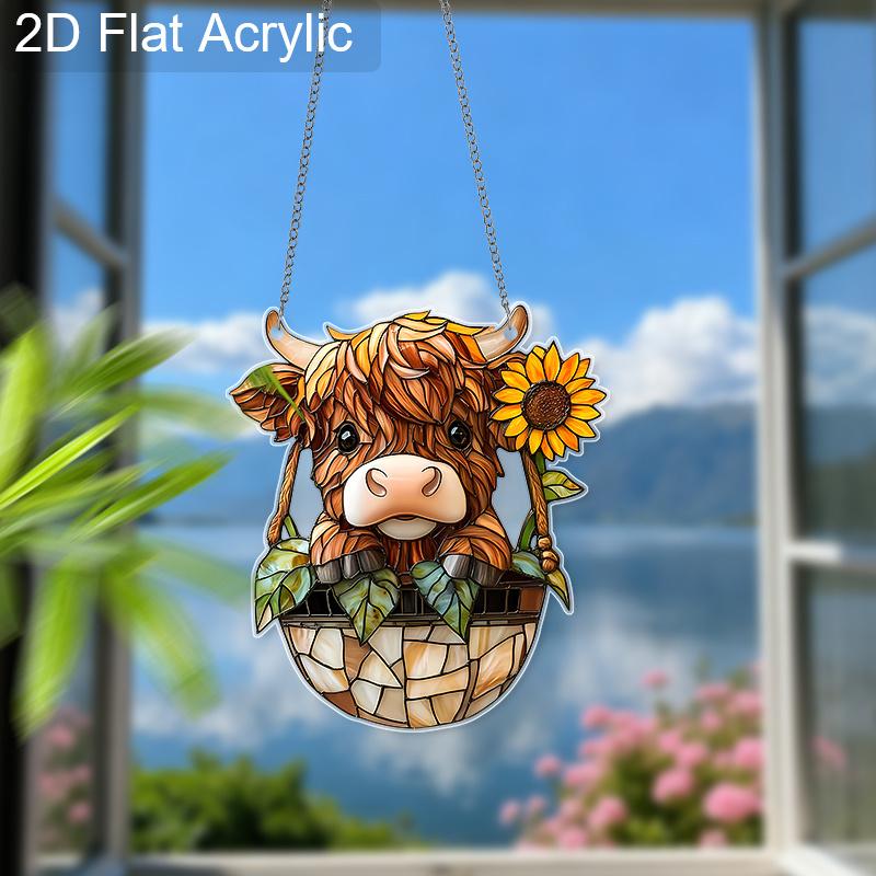 Acrylic Highland Cow with Sunflower Suncatcher Stained Glass Effect Window Hanging Ornament Farm Animal Lover Gifts