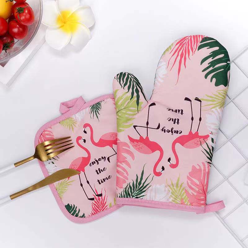 Kitchen Oven Gloves Flamingo Print, Heat Resistant Anti-scald Mitts for Baking Roasting Microwave Cooking