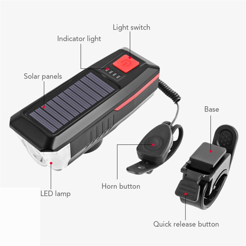 Bike Light Solar Usb Rechargeable Dual Charging Horn Lamp Waterproof Bicycle Front Headlight