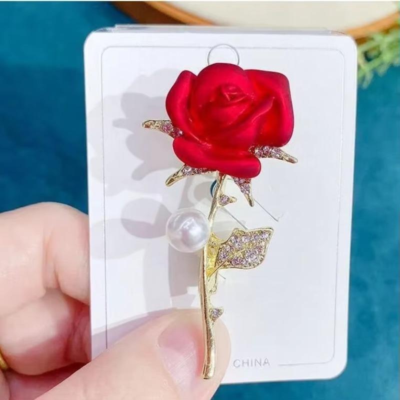Gold Color Rose Brooch for Women Red Romantic Rhinestone Tulip Flower Brooch Pins Jewelry Wedding Birthday Gifts