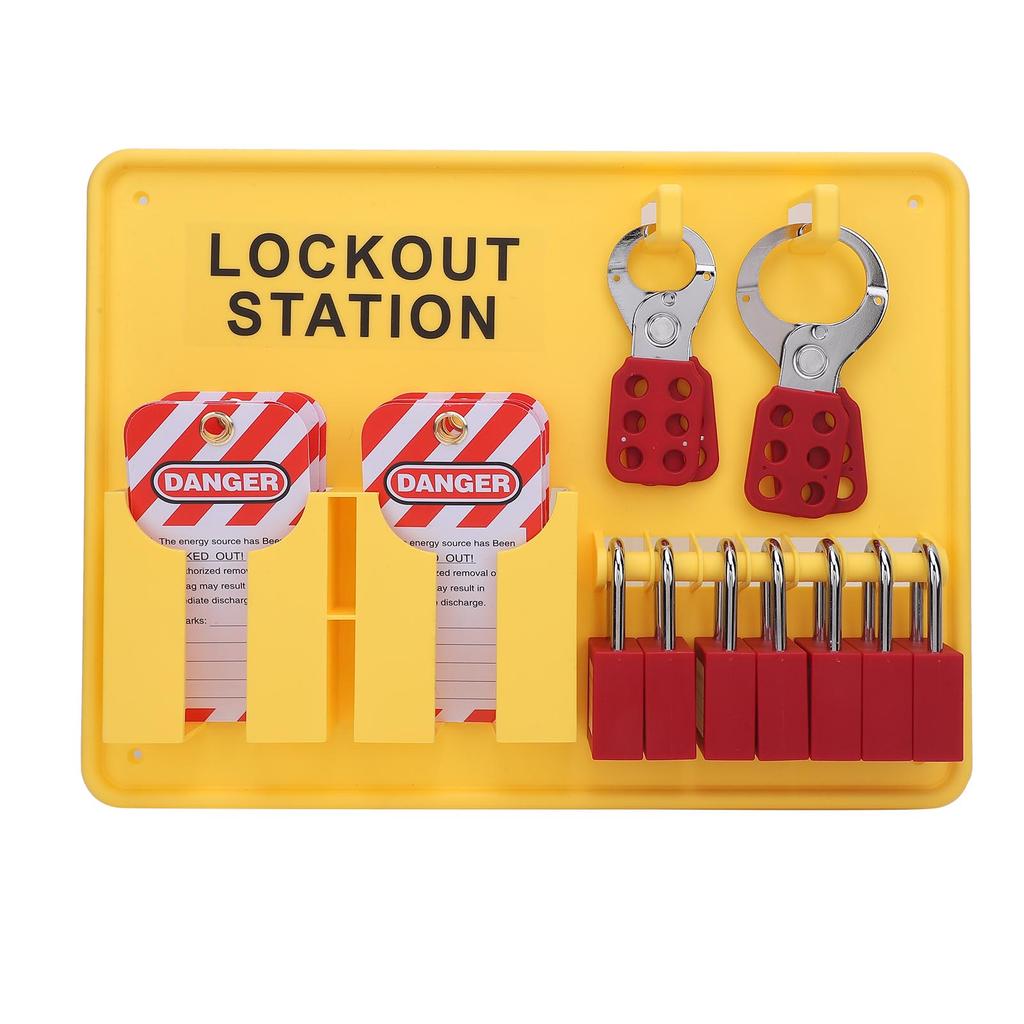 Lockout Tagout Station Kit PC PA Wall Mount Industrial Safety Lock Board Set with 10 Tags 2 Hasp Lock Yellow