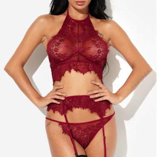 3Pcs Sexy Women See Through Floral Lace Babydoll Bra Briefs Garter Underwear Set