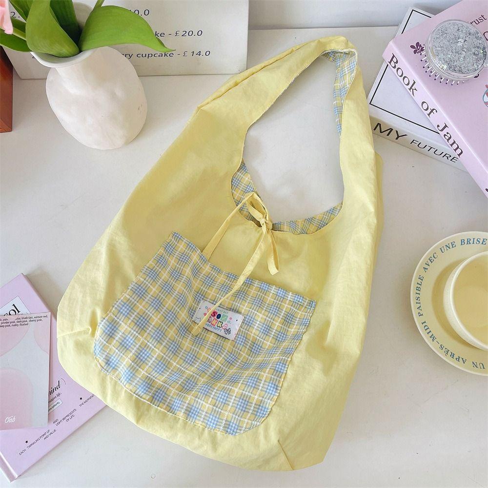 

Cloth Double Sided Vest Bag Bowknot Canvas Tote Bag Vintage Lattice Shoulder Bag Student червоний