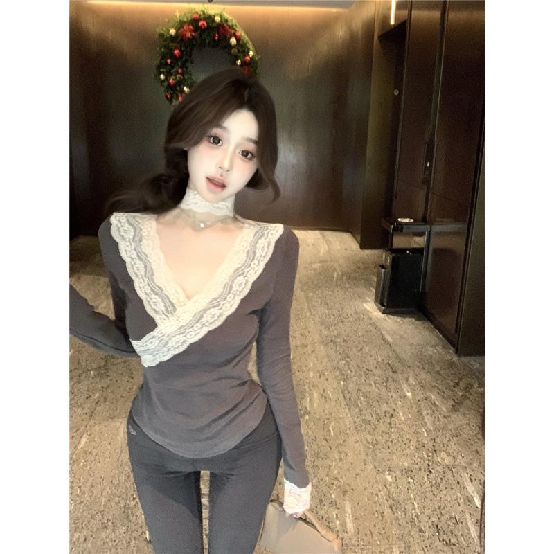 Lace Trim Sexy Slim Fit Long Sleeve Women's Top