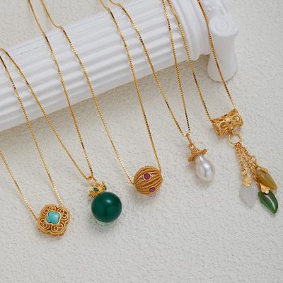 Artigianato Antico in Oro Argento Sterling S925 Calcedonio Naturale Turchese Collana Tesoro Design di Moda da Donna Ciondolo Versatile