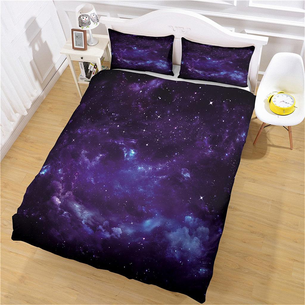 Queen Size 3D Galaxy Bedding Set Purple Star Duvet Cover 3Pcs For Boys Girls Bedroom Decor