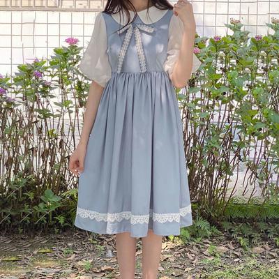 Vestido dulce Kawaii Lolita de Danmo para mujer, estilo preppy, vestidos escolares con mangas abullonadas, lindo cuello Peter Pan, ropa para estudiantes