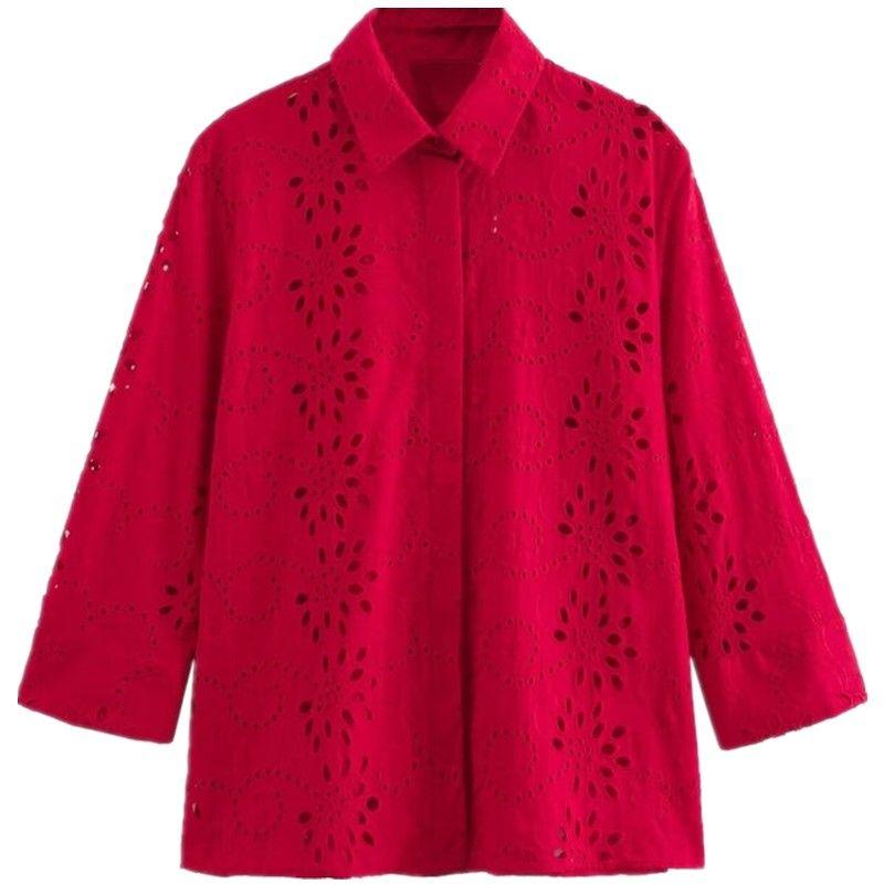 Fashion Style 2024 Summer New Women's Clothing Temperament Wild Embroider Poplin Cut Out Long Sleeves Shirt 8005916