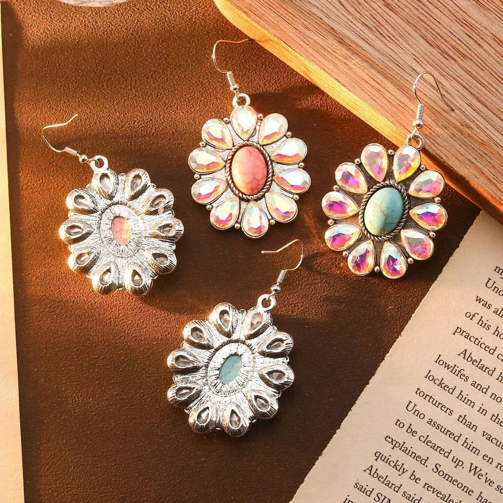 Creative Colored Diamond Earrings, High-End Retro Turquoise Flower Earrings, Bohemian Fashion Earrings.