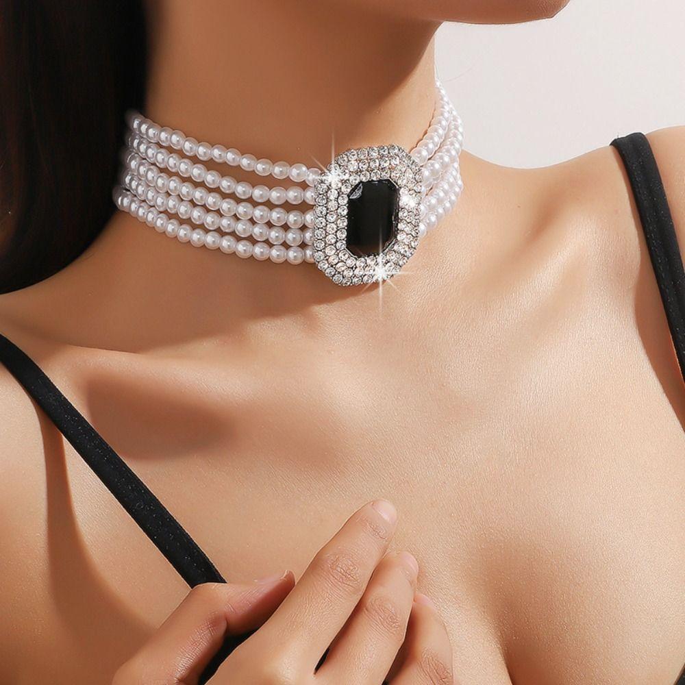 Five Layer Pearl Multilayer Necklace Imitation Pearl Women Choker Rhinestone Necklace  Wedding