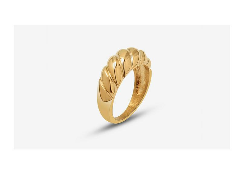 Geometric European-American Retro Ribbed Wave 18K Gold Titanium Steel Pinky Ring, A157