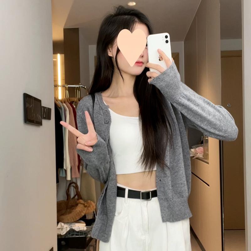 Hong Kong-Style Soft Knit Cardigan: Women's Long Sleeve Petite Sweater for Spring and Autumn