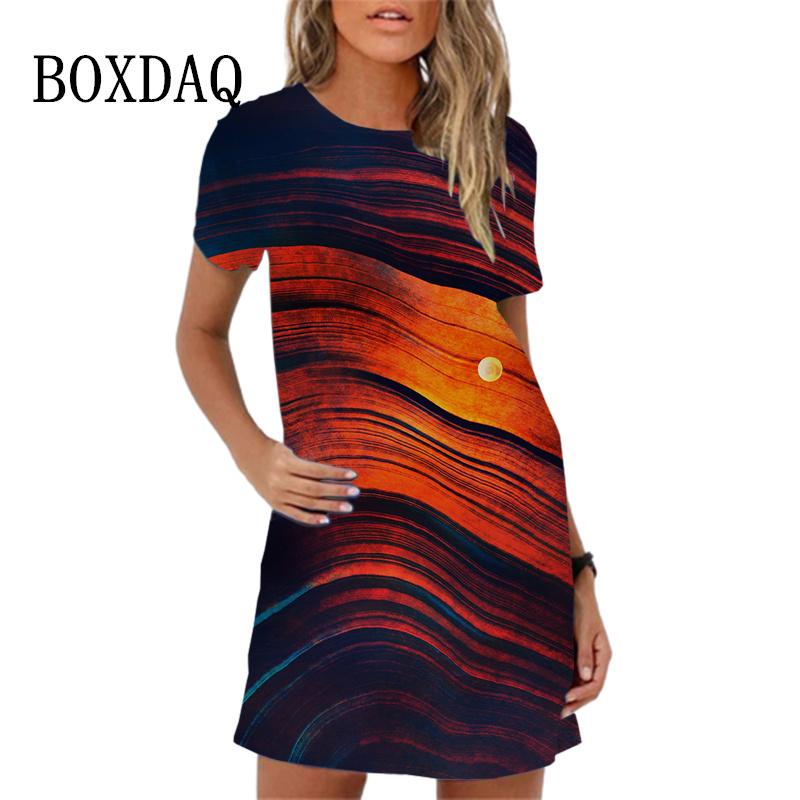 Colorful Feather Pattern Women Dress New Spring Summer Clothing Fashion Elegant Short Sleeve O-Neck Gradient Print Dresses