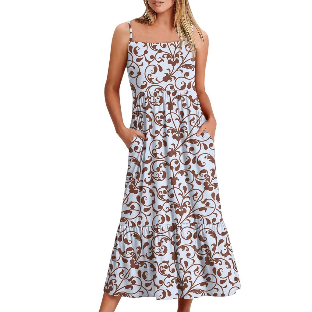 Women's Long Beach Casual Elegant Spaghetti Strap Maxi Dress Stitching Low-key Flowing Bohemian Dress
