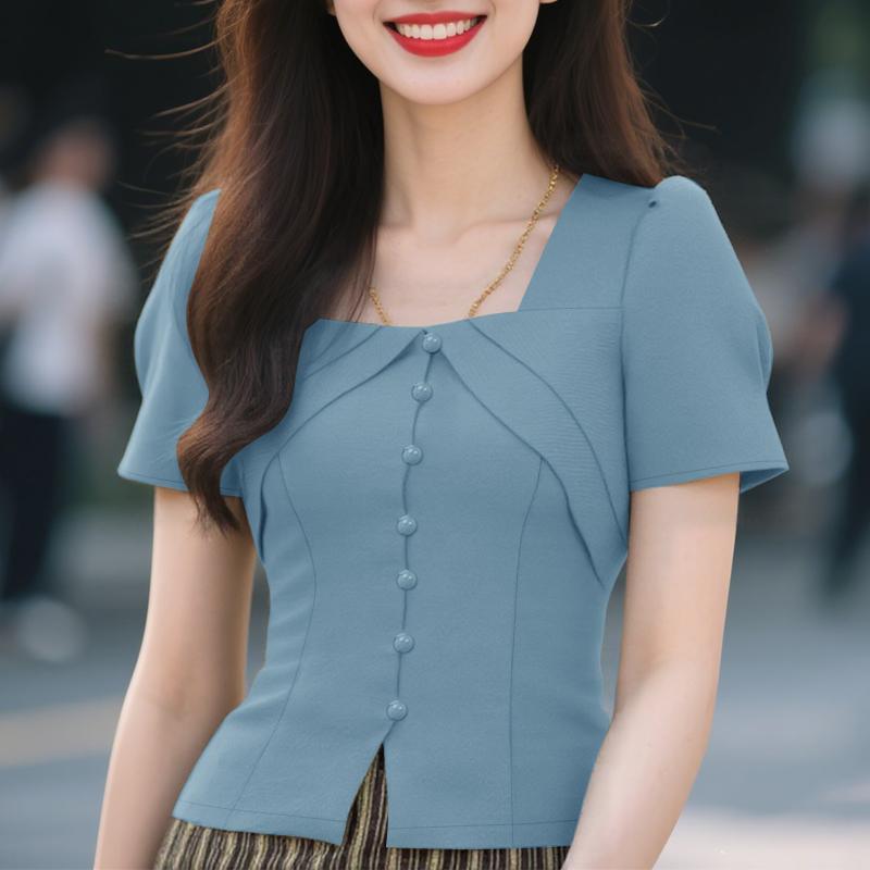 

ZANZEA Женская летняя повседневная блузка с квадратным вырезом, короткими рукавами и приталенного силуэта 5XL синий