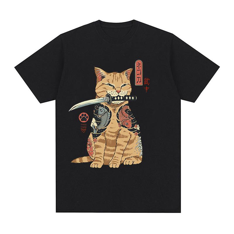 Funny Cotton Japanese Samurai Cat T Shirt Lover T Shirts Cat T-Shirts Retro Casual Short Sleeve Tshirt Unisex Women Clothes
