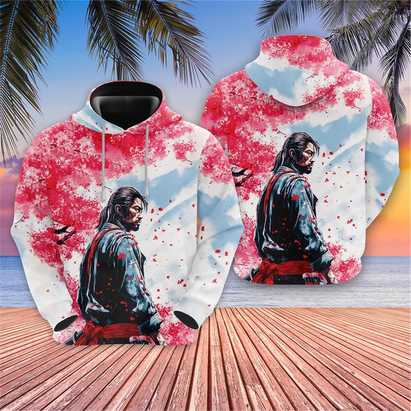 Japońskie samurajskie bluzy graficzne Harajuku Fashion Cherry Blossoms bluzy z kapturem dla mężczyzn ubrania Warrior Cat Y2k bluza z kapturem dla chłopców