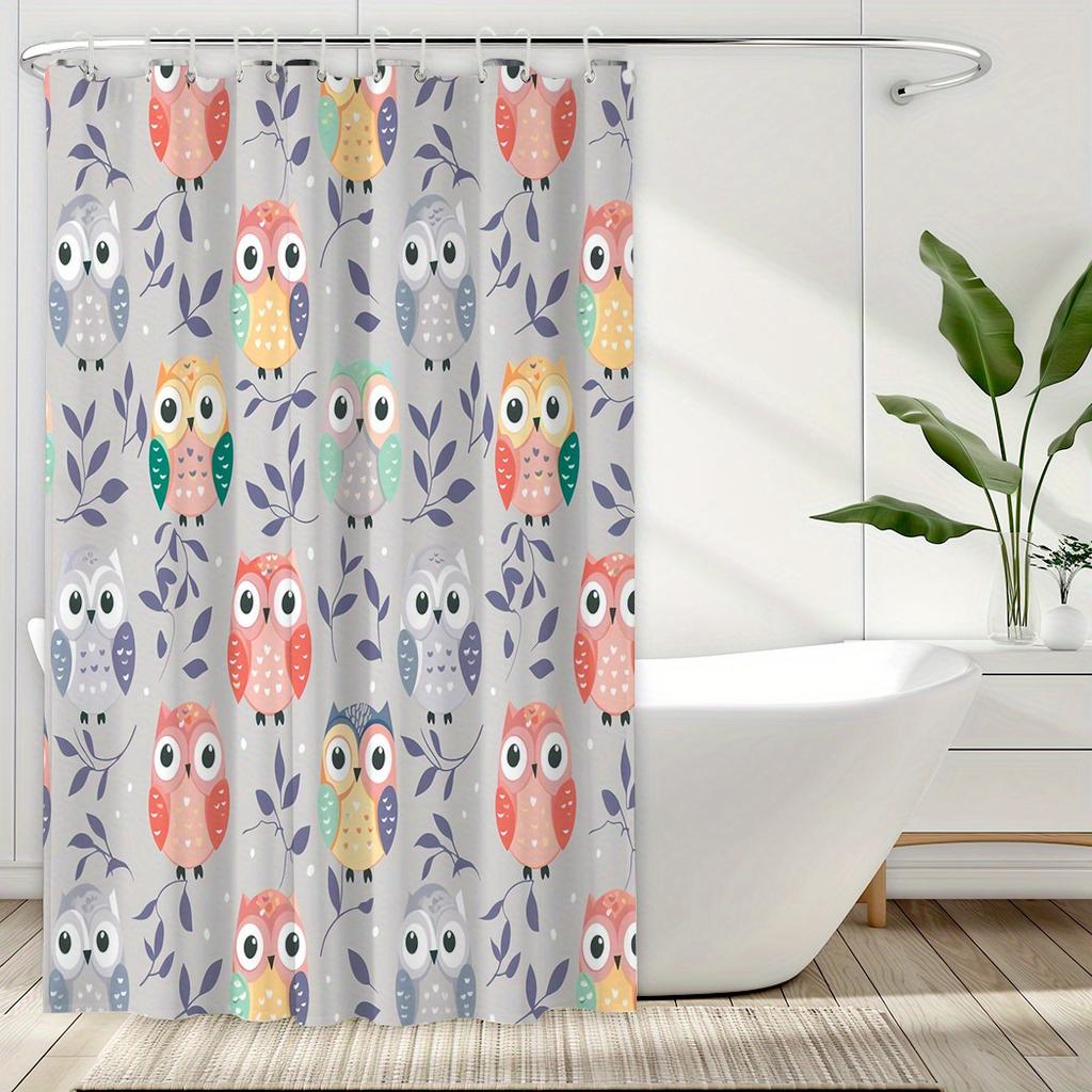 1 Stück Eulen-Aufdruck Duschvorhang - Bunte Cartoon-Eule, Polyester, 71x71 Zoll, Maschinenwaschbar, 12 Haken, Verspieltes Design