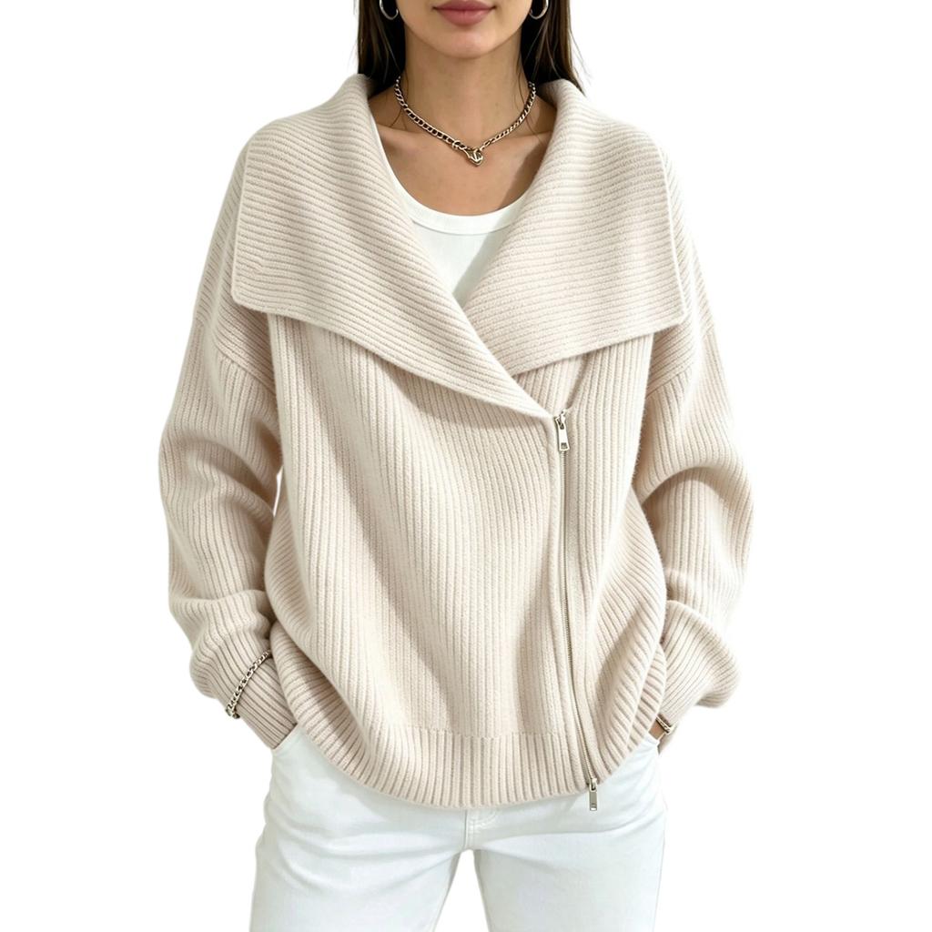Women's Double Zipper Knit Cardigan Sweater with Lapel Collar for Casual Fashion