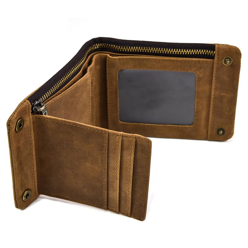 Men's Genuine Leather Trifold Wallet Wowen Natural Leather Zipper Short Purse Card Holder Change Coin Purse Male Clutch Wallets