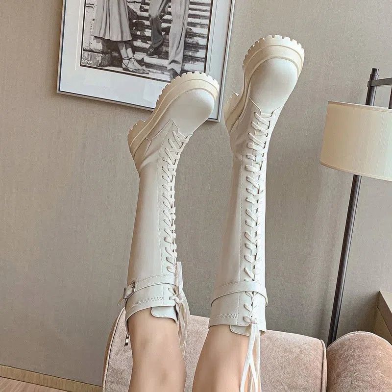 Boots Women's Summer Knight Boots 2025 Autumn New White Platform Boots Thick Legs Lace-Up High Martin Boots
