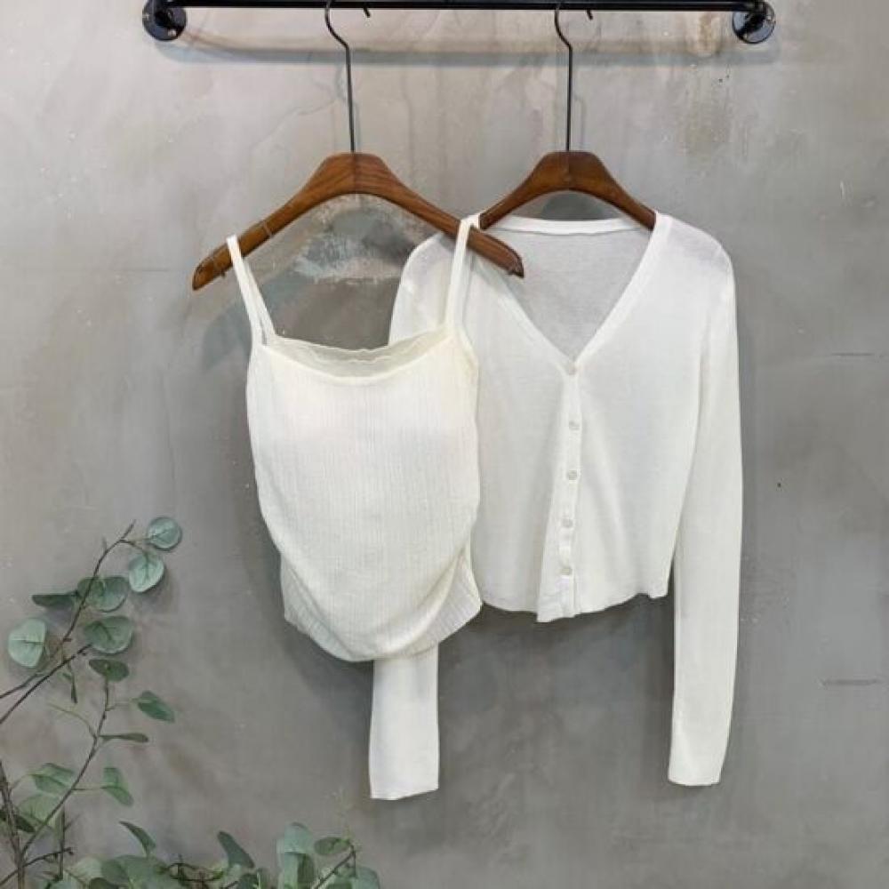 C S In The Room V neCk Layered Sheer Knit Cardigan Set 3Color C