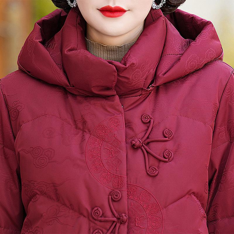 White Eiderdown Down Jacket Female Short Embroidery New Middle-aged and Elderly Mothers Winter Clothes Plus Size Hooded Down Jacket