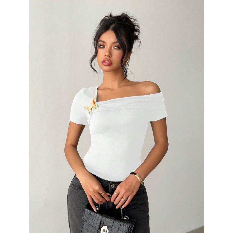 2025 Women's Elegant Simple Sloped Shoulder Top Women's T-Shirt