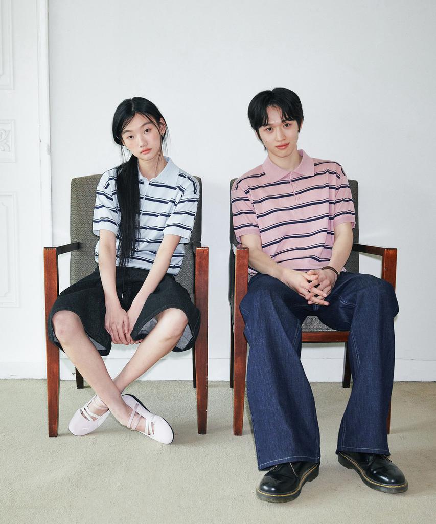 GLW [Unisex] Striped Collar Half Knit Pink