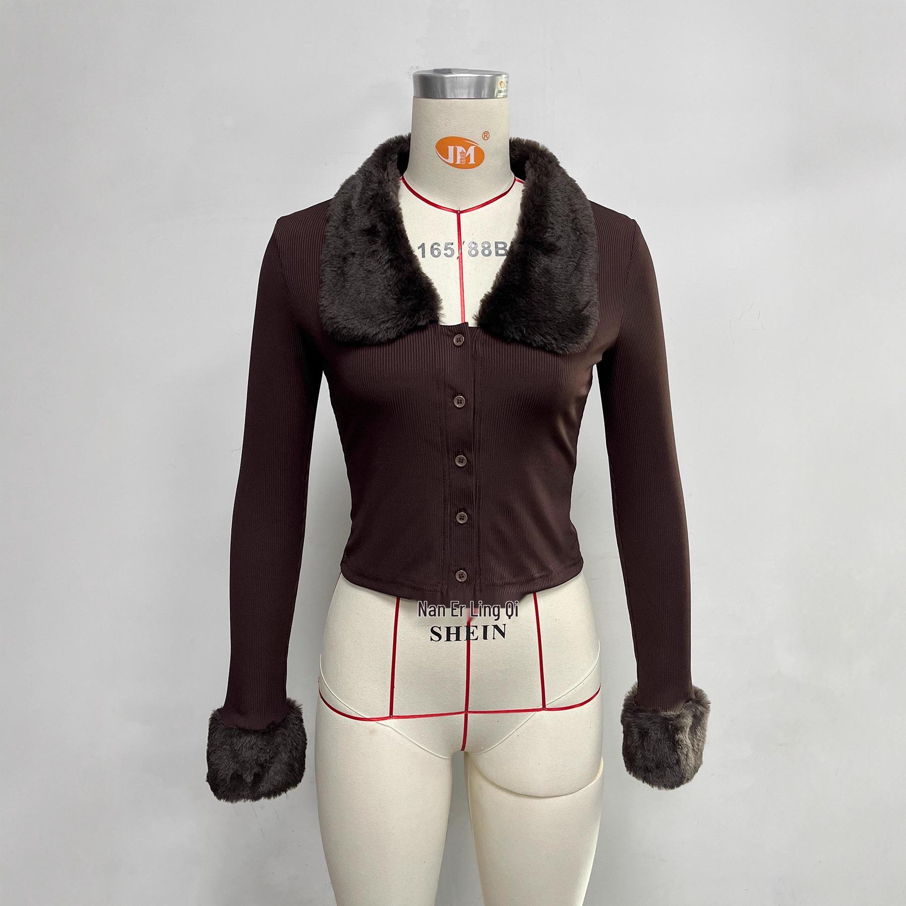 

European & American Retro Fur Collar Women s Long-Sleeve Top: Sexy Autumn/Winter 2025 Collection Medium кофейный