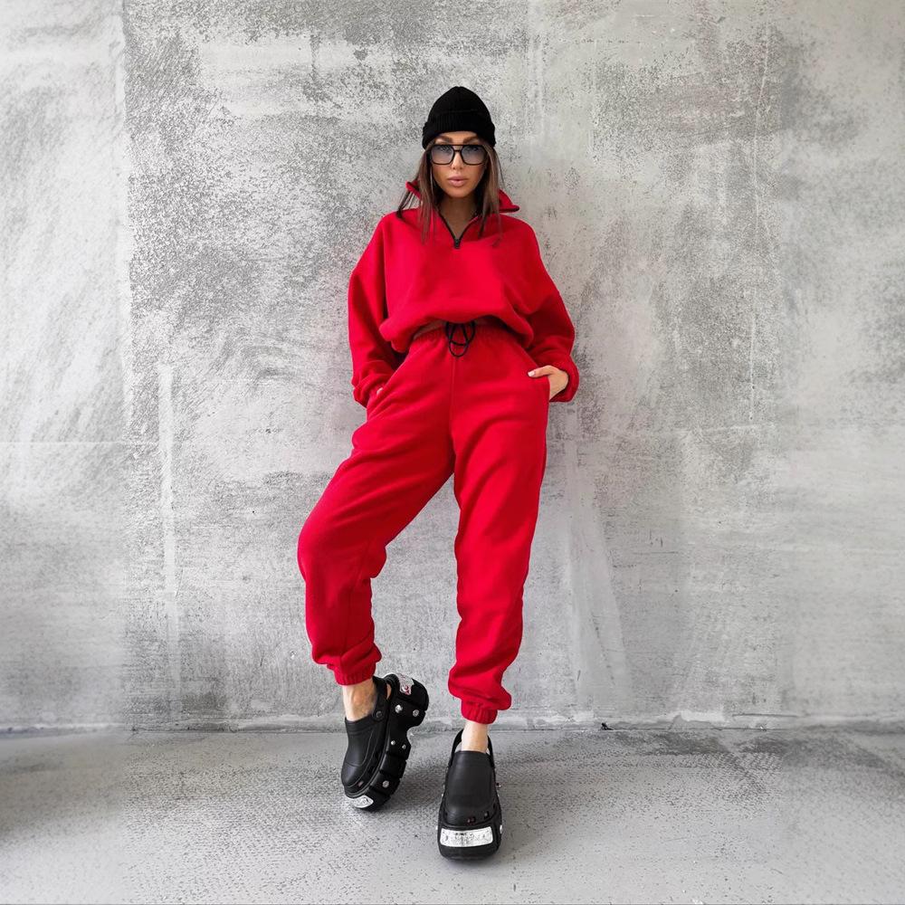 New European and American casual women's set, solid color long-sleeve, zip-up collar, waist-cinching sweatshirt, two-piece tie pants set