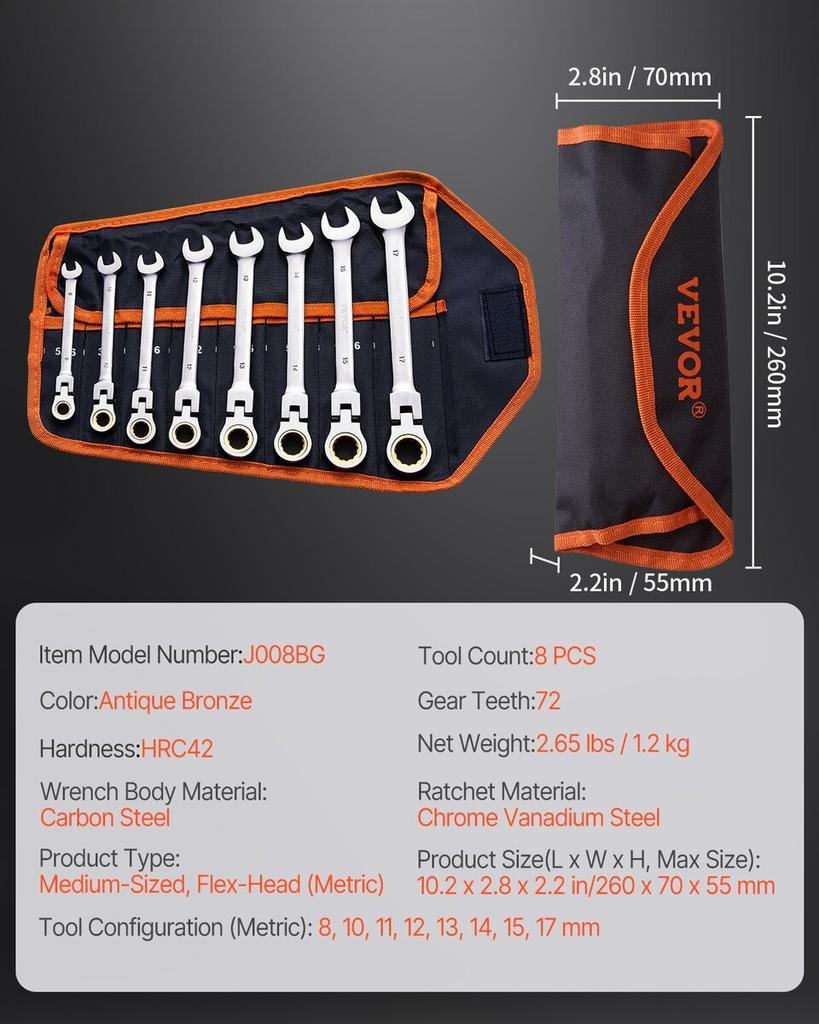 Flex-Head Ratcheting Wrench Set 8 PC Metric 8 mm-17 mm with Roll-up Pouch