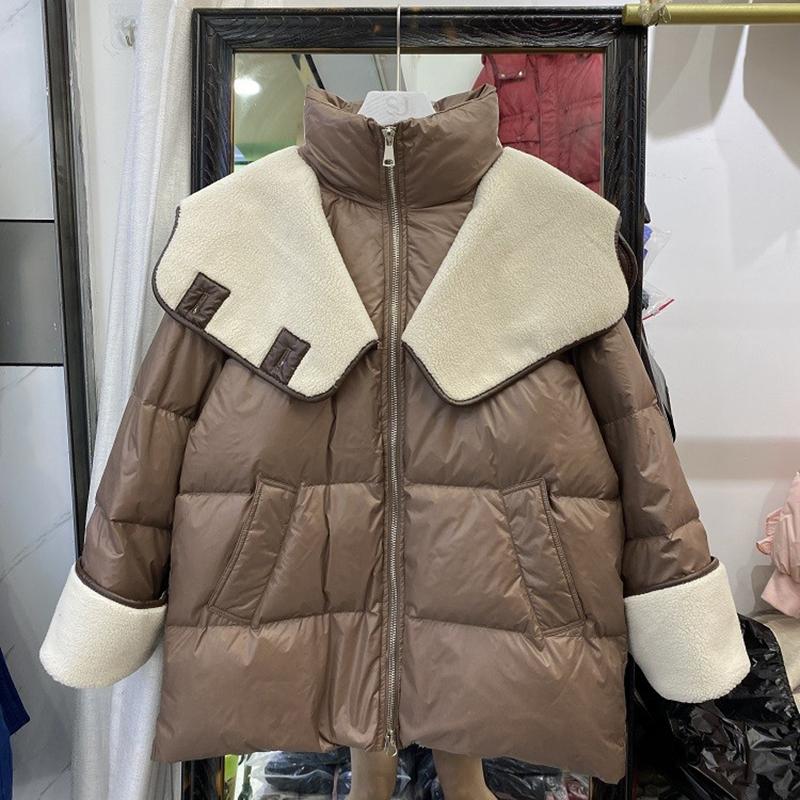 

Зима-Осень модная женская свободная однотонная куртка с мягкой подкладкой на молнии и воротником с капюшоном, универсальное теплое белое пальто на утином пуху M кофейный