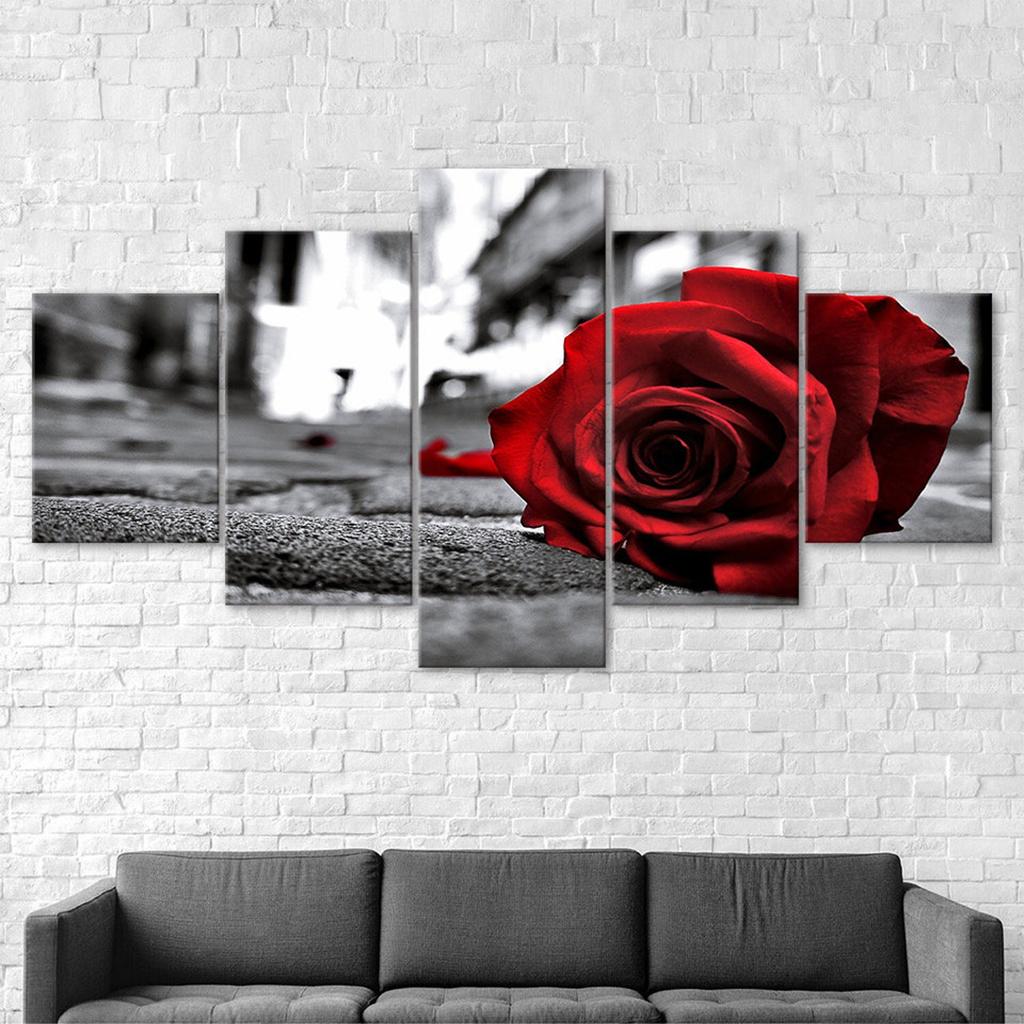 Romantic Red Rose Flower 5 Piece Five Panel Wall Canvas Print Modern Art Poster Picture Home Decor Gift For Him For Her
