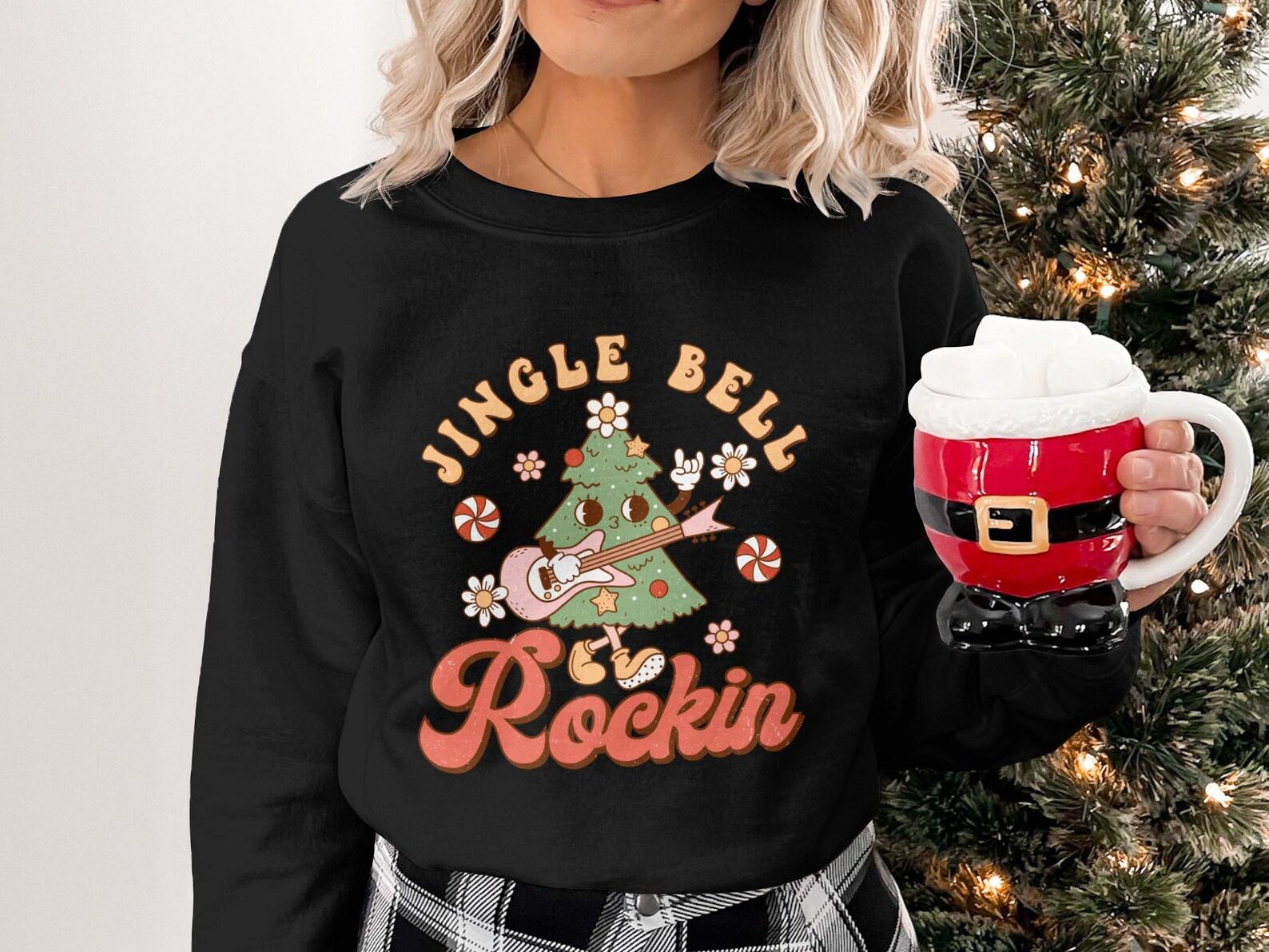 Cute Christmas Rock T-Shirt, Jingle Bell Rockin Tree Shirt, Funny Holiday Graphic Tee, Christmas Music Lover Gift, Xmas Rock Shirt L