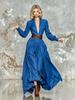 Women Deep V Neck Long Sleeve Belted Ruched High Low Maxi Dress Solid Color Casual Dress