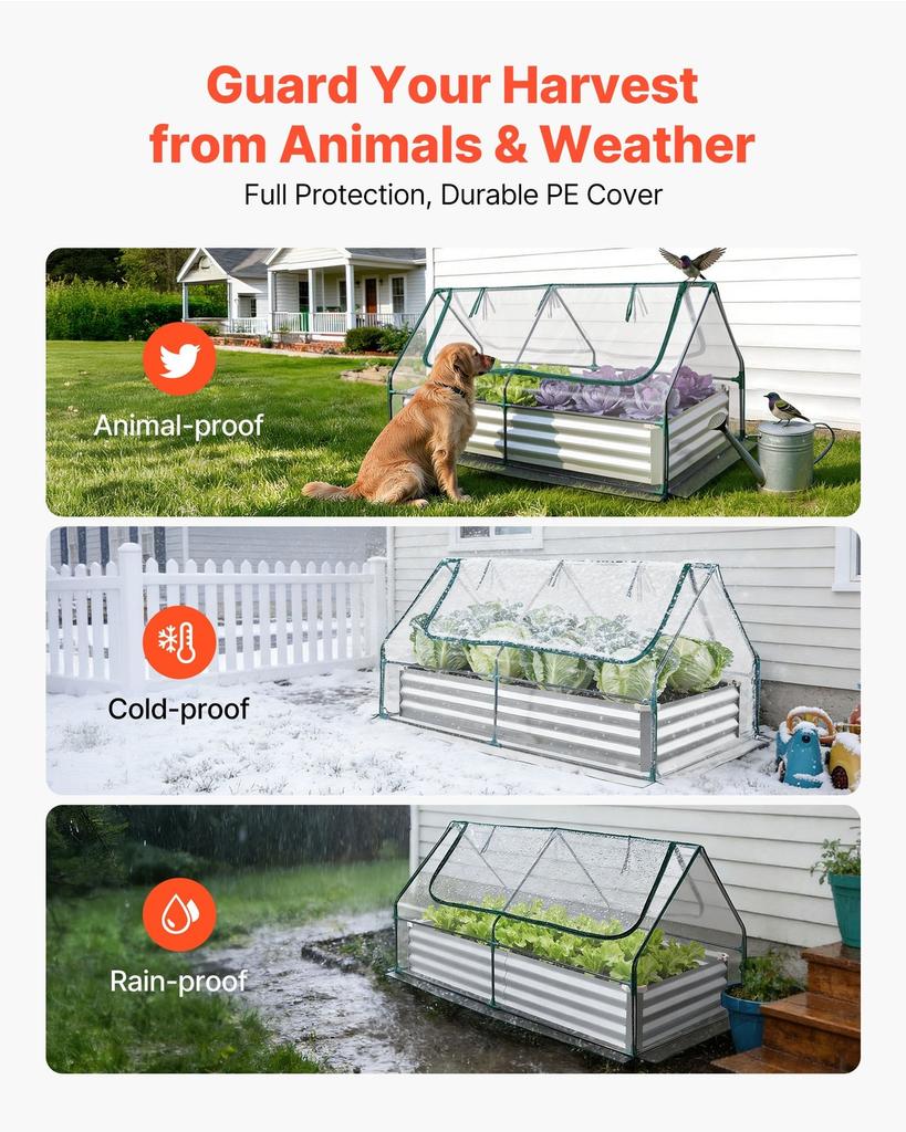 Raised Garden Bed with Cover, 1800 X 900 X 300 Mm, Rectangular Galvanized Metal Planter Box Outdoor, with PE Greenhouse Cover & Gloves, Rustproof