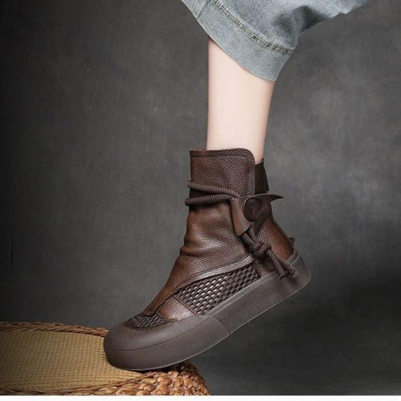 Retro Hollow Out cool boty pro ženy, silná podrážka, skutečná měkká kůže, ležérní houbová podrážka, zakrytí špičky, síťované krátké boty