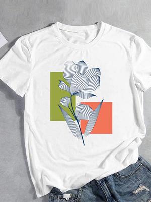 (Asian Size) Women Flower Geometric Trend 90s Short Sleeve Fashion Print Lady Tee Top Clothing Casual  Tshirt Female Graphic T-shirts