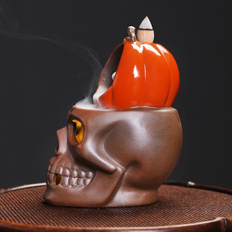 Skull Pumpkin LED Light Backflow Censer Ceramic Craft Creative Halloween Gift with Mesmerizing Skull Table Decoration