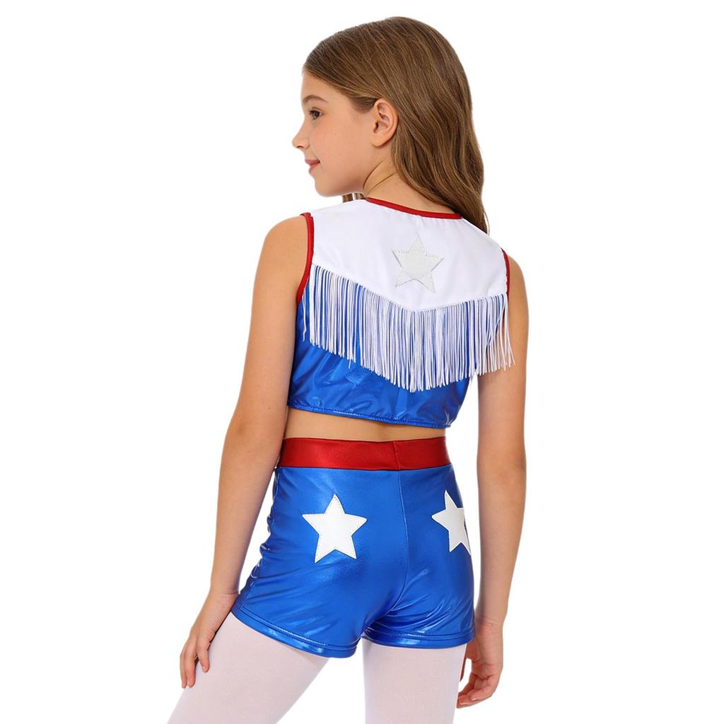 Children‘s Cowgirl Costume Set Sequins Metallic Fringe Sleeveless Top and Matching Shorts for Western Theme Fancy Ball Party
