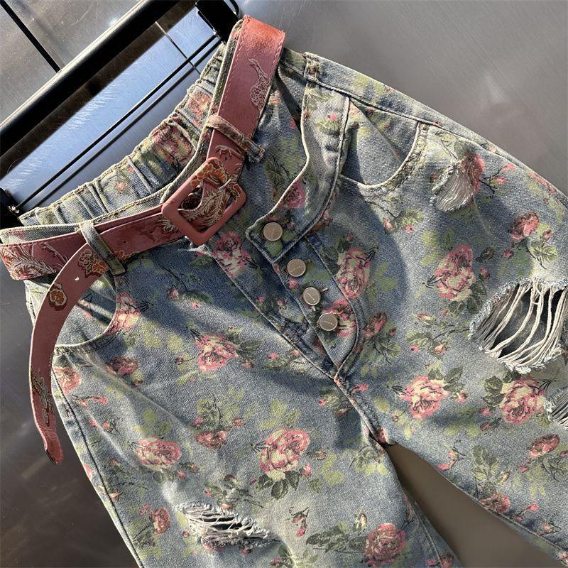 Letní módní volné a zeštíhlující široké nohavice rovné nohavice módní tištěné trendy roztrhané pětičtvrteční džínové kraťasy pro ženy