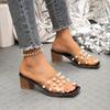 Synthetic Ribbon Slippers Women's Square Head Open-toed Pearl Set Foot Anti-slip and Wear-resistant Kitten Heels