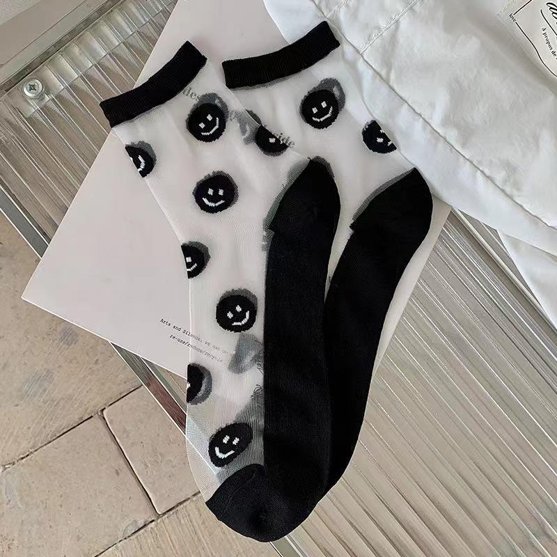 Frühlings- und Sommerdünne Transparente Glasfasersocken, Damen-Mittelwadensocken, Lächelnd, Niedliche und Atmungsaktive Baumwollsocken für Studentenfüße